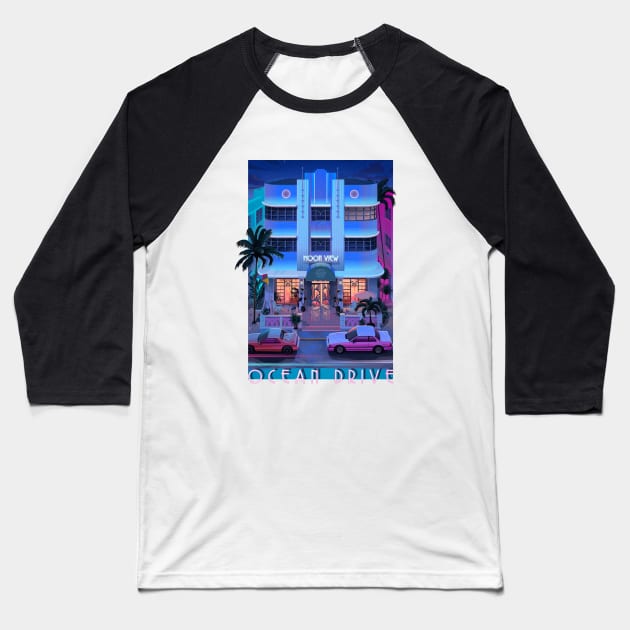 Ocean Drive Night Baseball T-Shirt by Mr.Melville